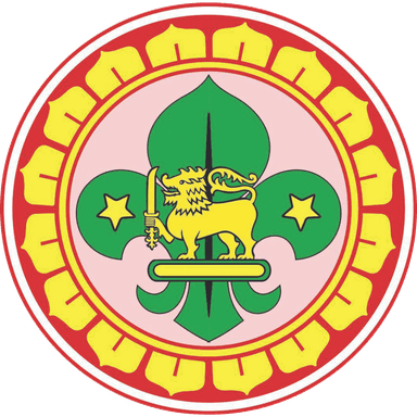Official logo of the Sri Lanka Scouts Association featuring a gold lion with a sword on a green fleur-de-lis, surrounded by a yellow lotus petal border.